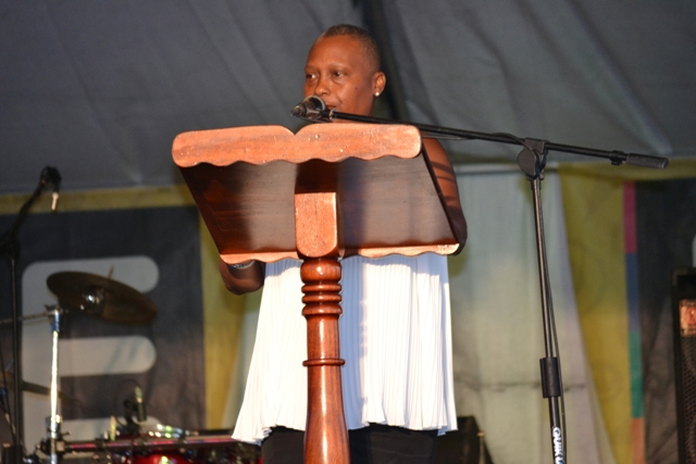 Chairperson of the Culturama 41 Deborah Tyrell delivering remarks at the launch of Culturama 14 on the Charlestown Waterfront on July 23, 2015